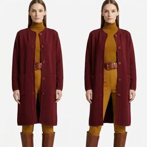 90s Y2K Exclusively Misook Burgundy Long Ribbed Cardigan Sweater Coat | PL
